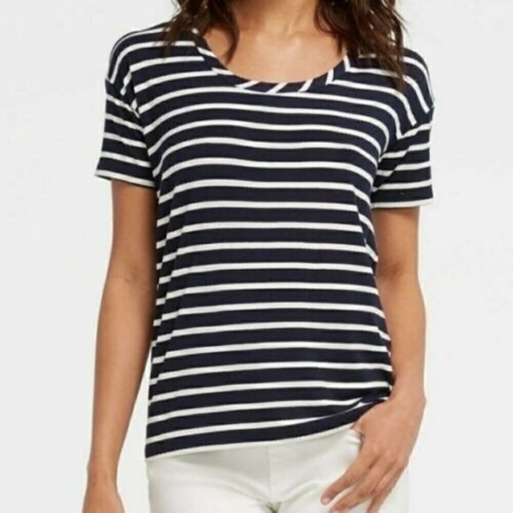 Draper James Navy Blue & White Stripe Short Sleeve T-Shirt L